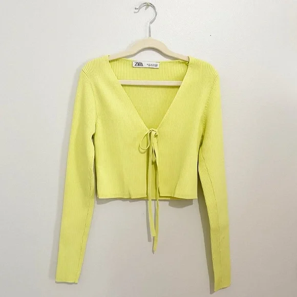 Zara Rib Knit Cropped Front Tie Cardigan Yellow Lime Green S - Picture 6 of 10